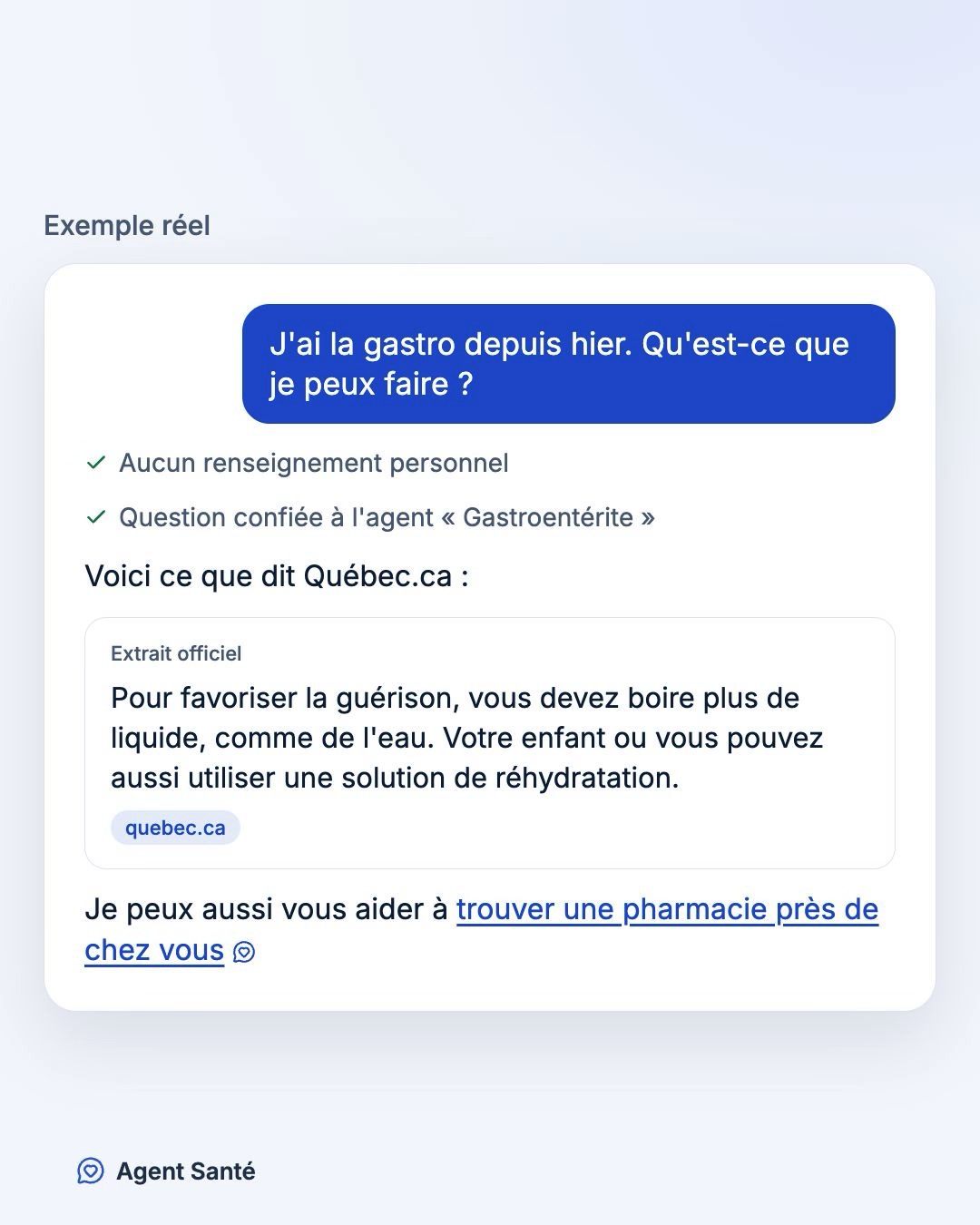 A real Agent Santé exchange, in French. The question "I've had gastro since yesterday. What can I do?" passes the personal information check and goes to the Gastroenteritis agent, which answers with an official excerpt from Québec.ca on drinking more fluids and using an oral rehydration solution, then offers to find a pharmacy nearby.